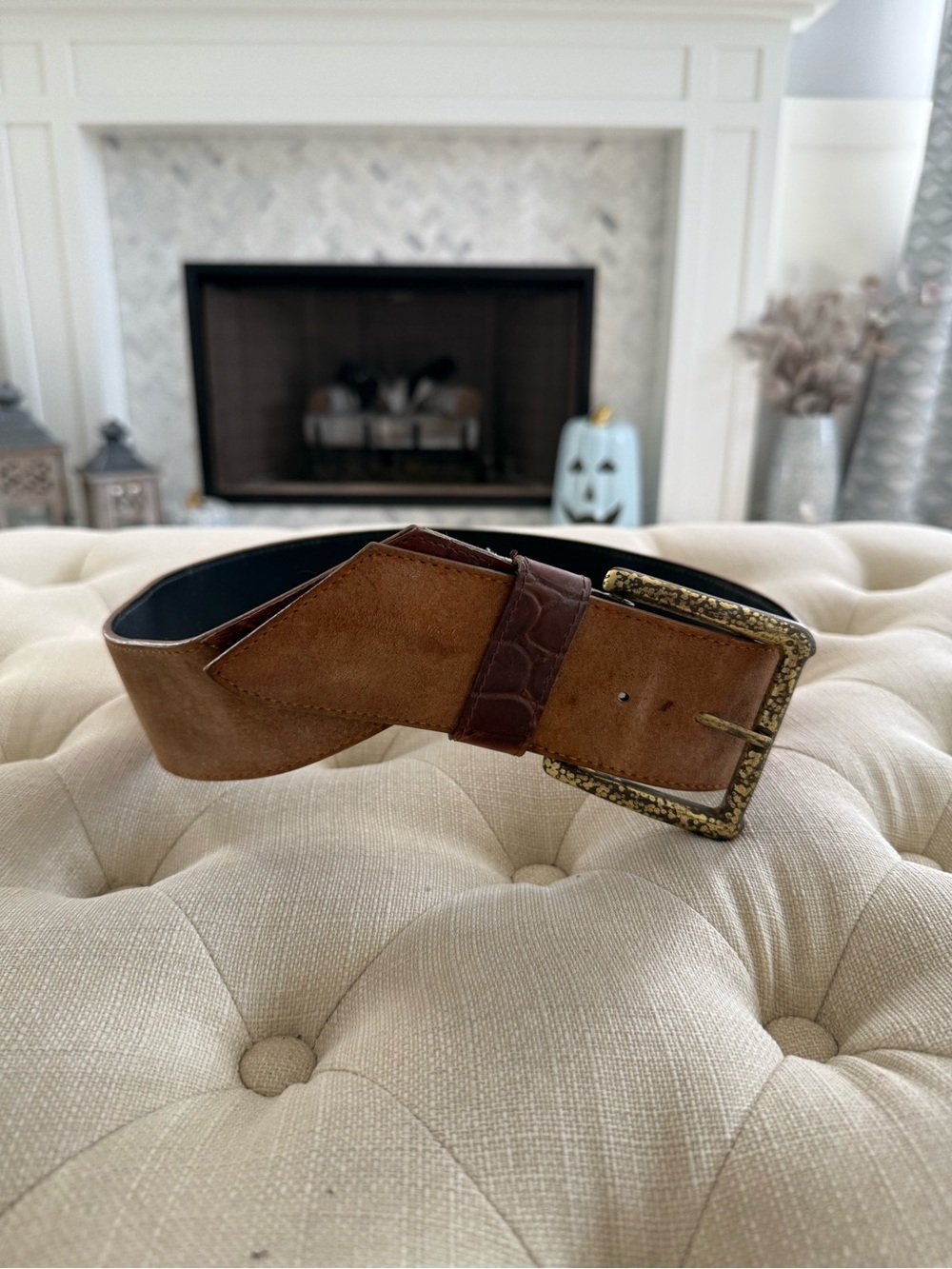 Brown Suede Belt with Embossed Accent and Antiqued Buckle